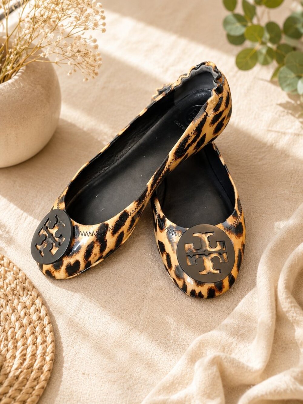 Tory Burch Leopard Print Reva Ballet Flats - Black & Brown